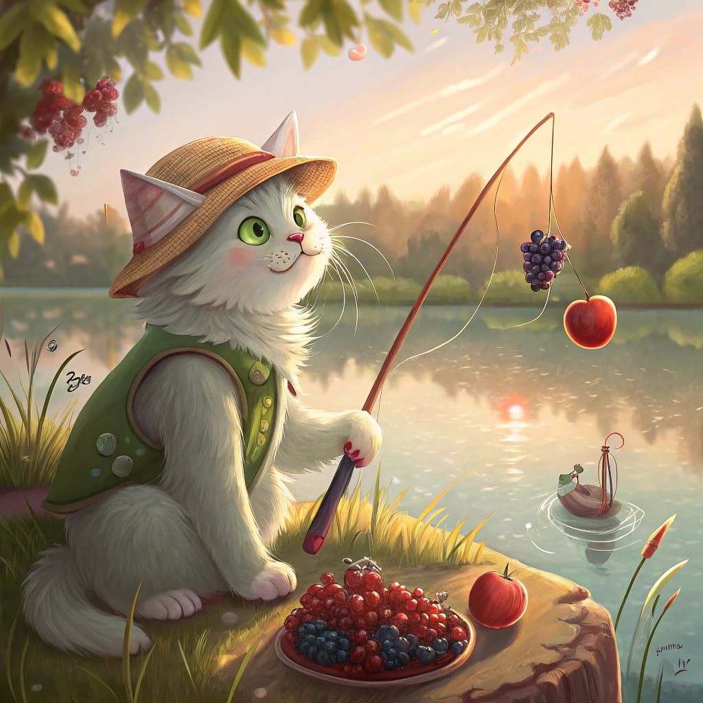 Whimsical White Cat Reels in a Red Apple from a Fruit Lake