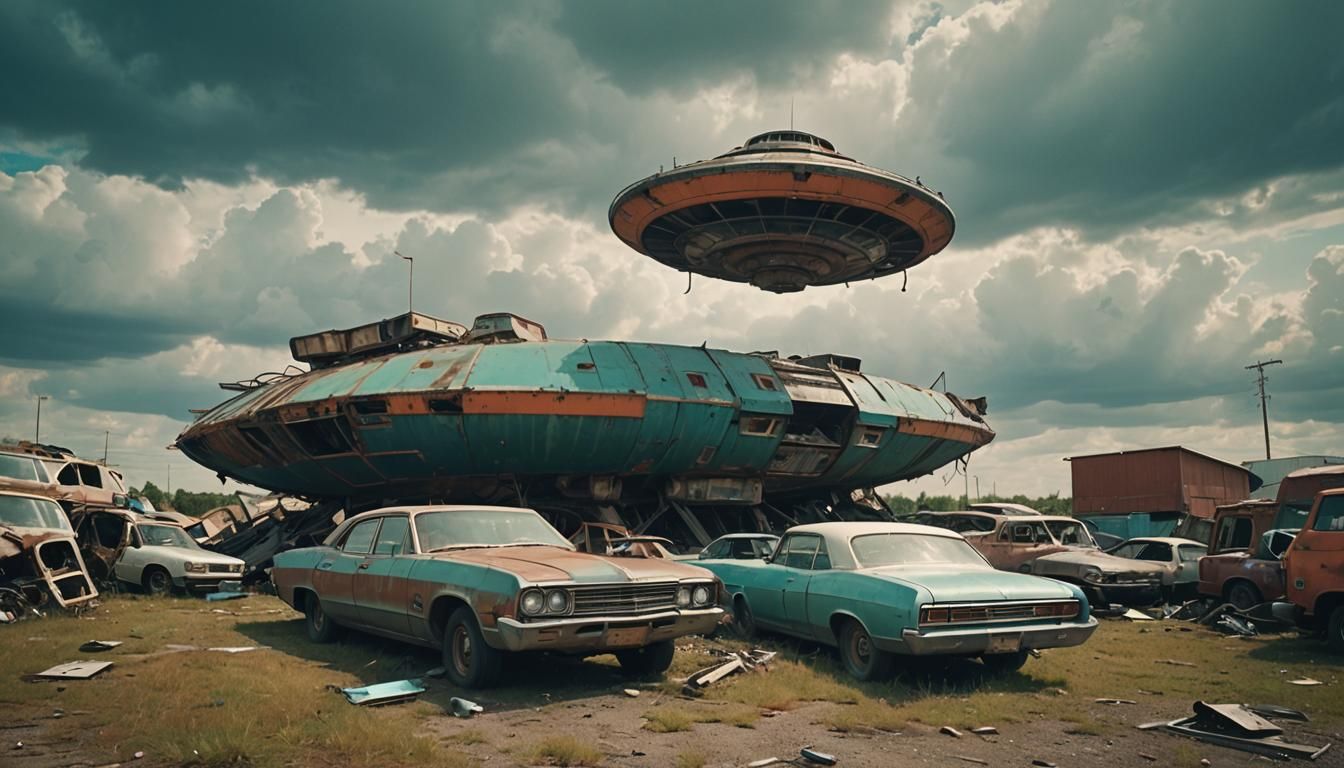 Retro-Futuristic UFO in Junkyard, Cinematic Still