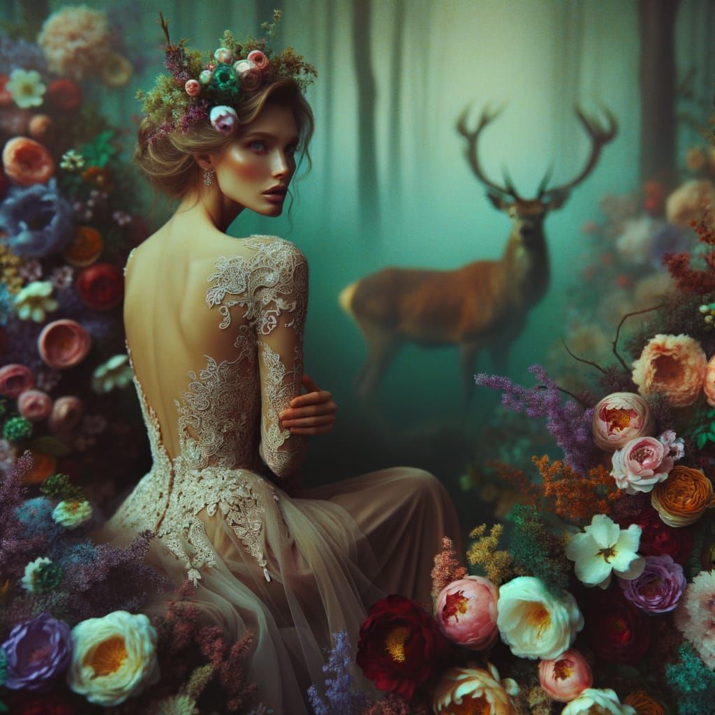 Norse Goddess Amidst Blossoms in Ethereal Forest