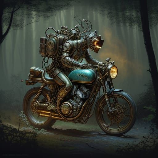 Steampunk Motorcycle Speeds Through Enchanted Forest