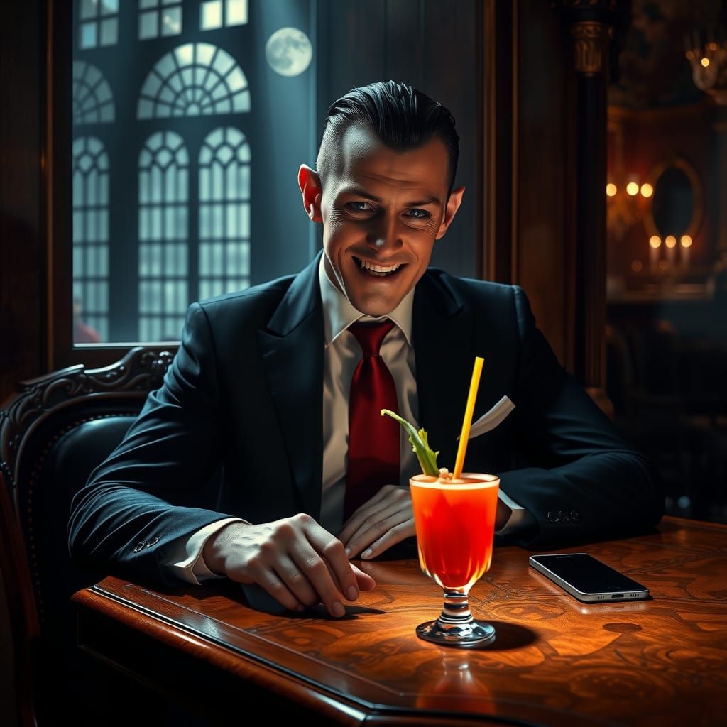 Elegant Vampire Sips Bloody Mary in 19th-Century Cafe