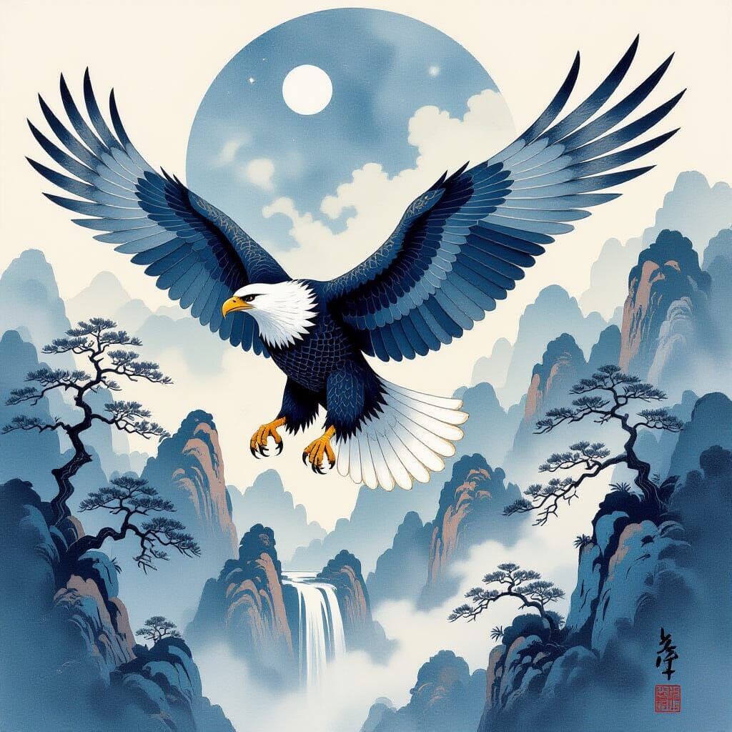 Chinese Watercolor Eagle with Celestial Ink Patterns