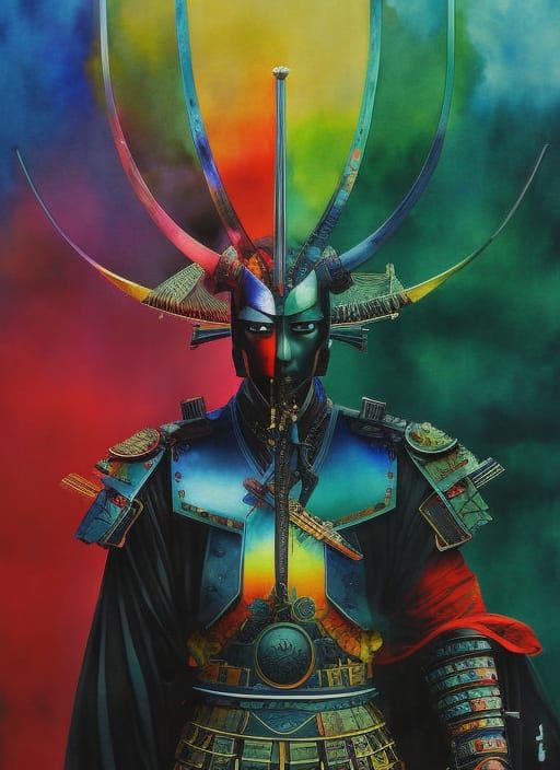 Samurai in Abstract Watercolor Painting