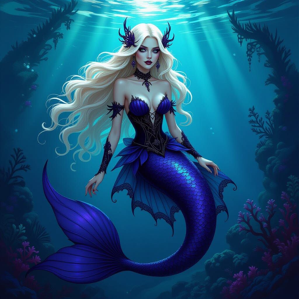 Goth Mermaid With Purple Tail in Dark Fantasy Style