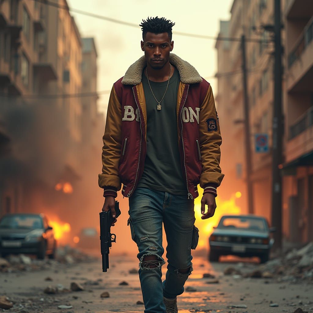 Hyper Realistic Portrait of a Young Man in War-Torn City