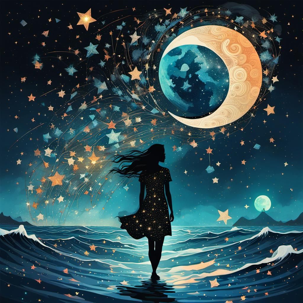 Starry Ocean Fantasy: Surreal Silhouette Art