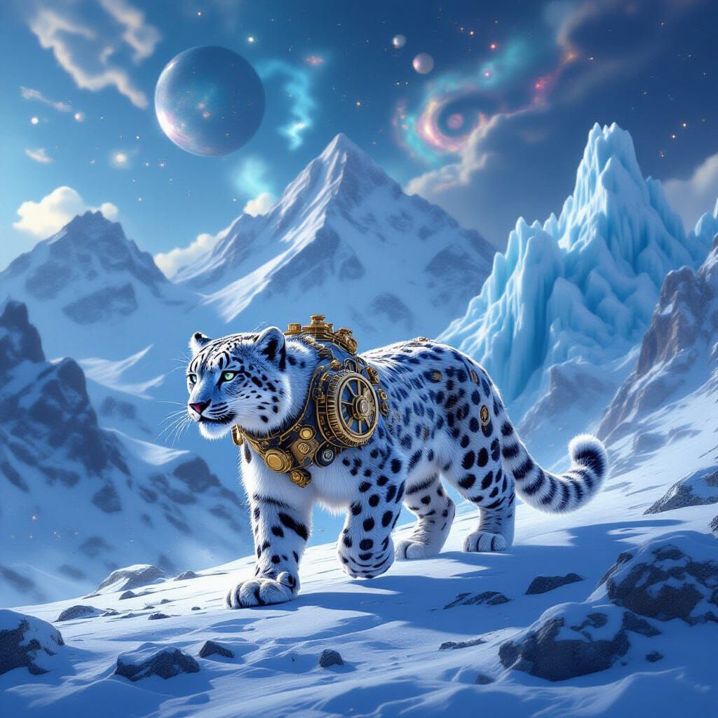 Clockwork Snow Leopard in Steampunk Nebula Mountains