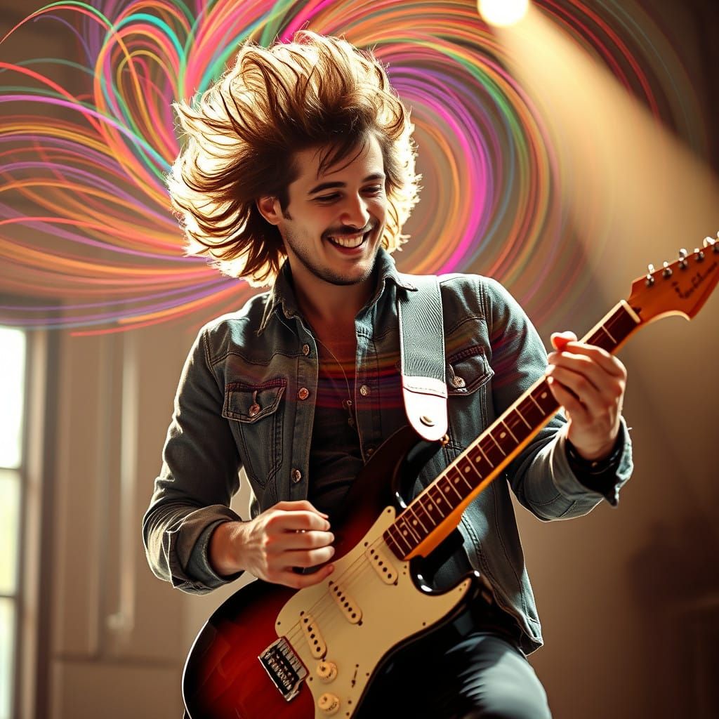 Vibrant Rockstar in Action, Swirling Lines of Energy