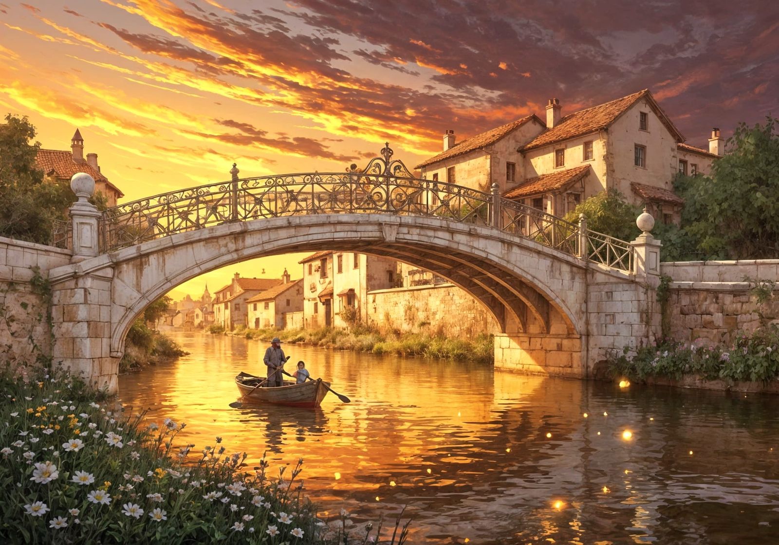 Medieval Village Bridge at Sundown Oil Painting