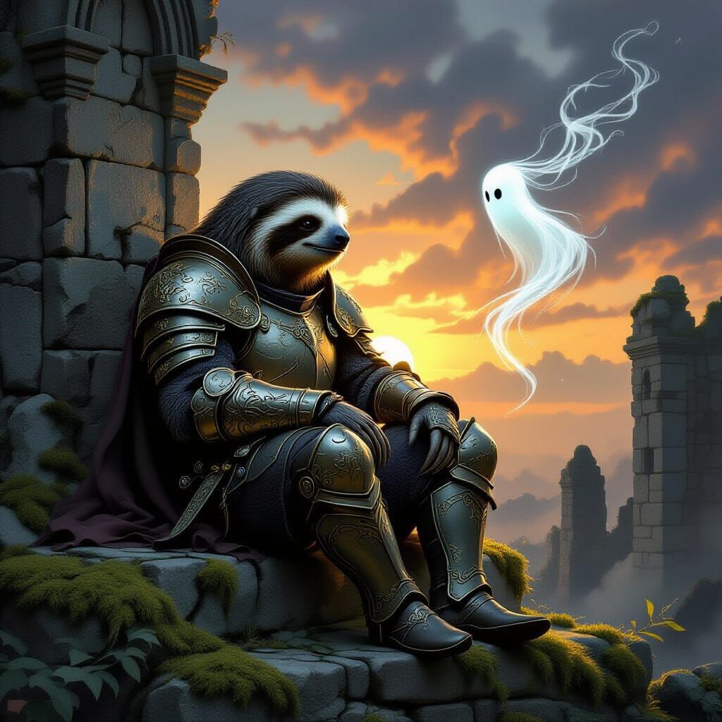 Knightly Sloth in Ancient Ruins, Dark Fantasy Concept Art