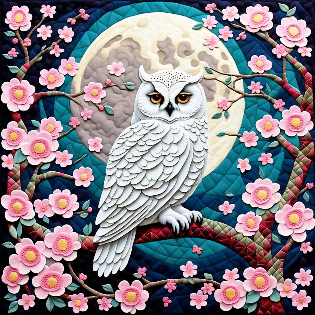 Quilted Patchwork Owl on Blossoming Tree Under Moon