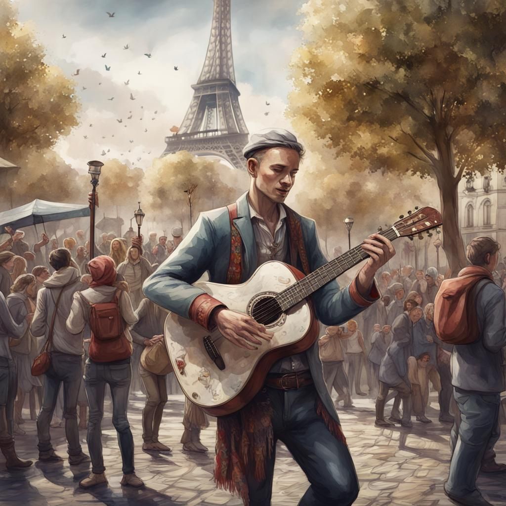 Parisian Street Musician in Watercolor Style