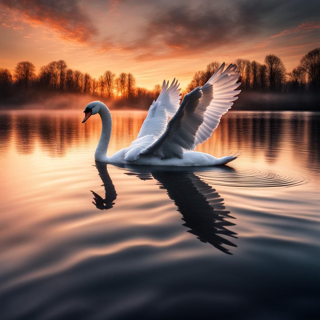 Mystical Swan Wing Floats Into Ethereal Lake