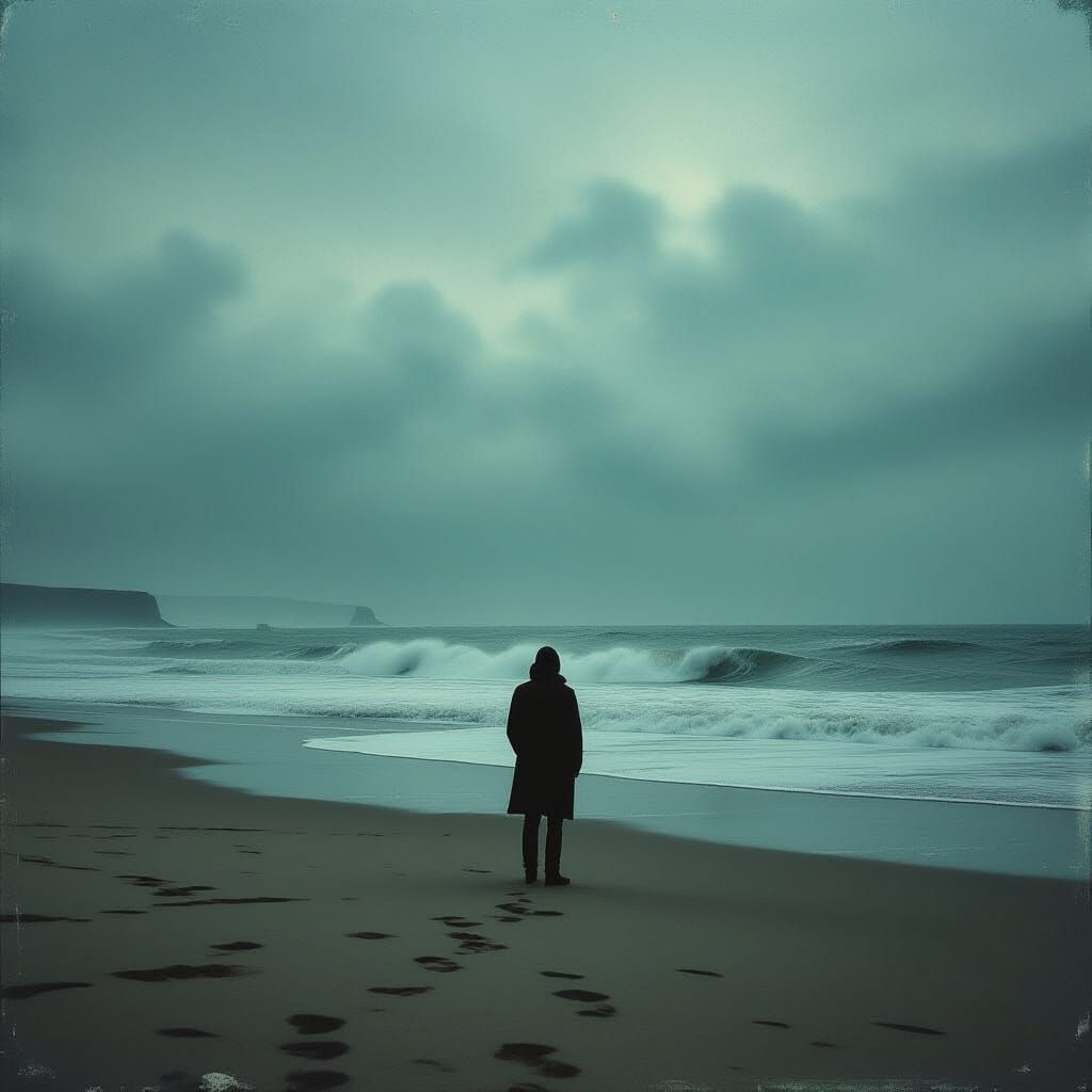 Melancholy Figure on Windswept Beach: Vintage Film Style