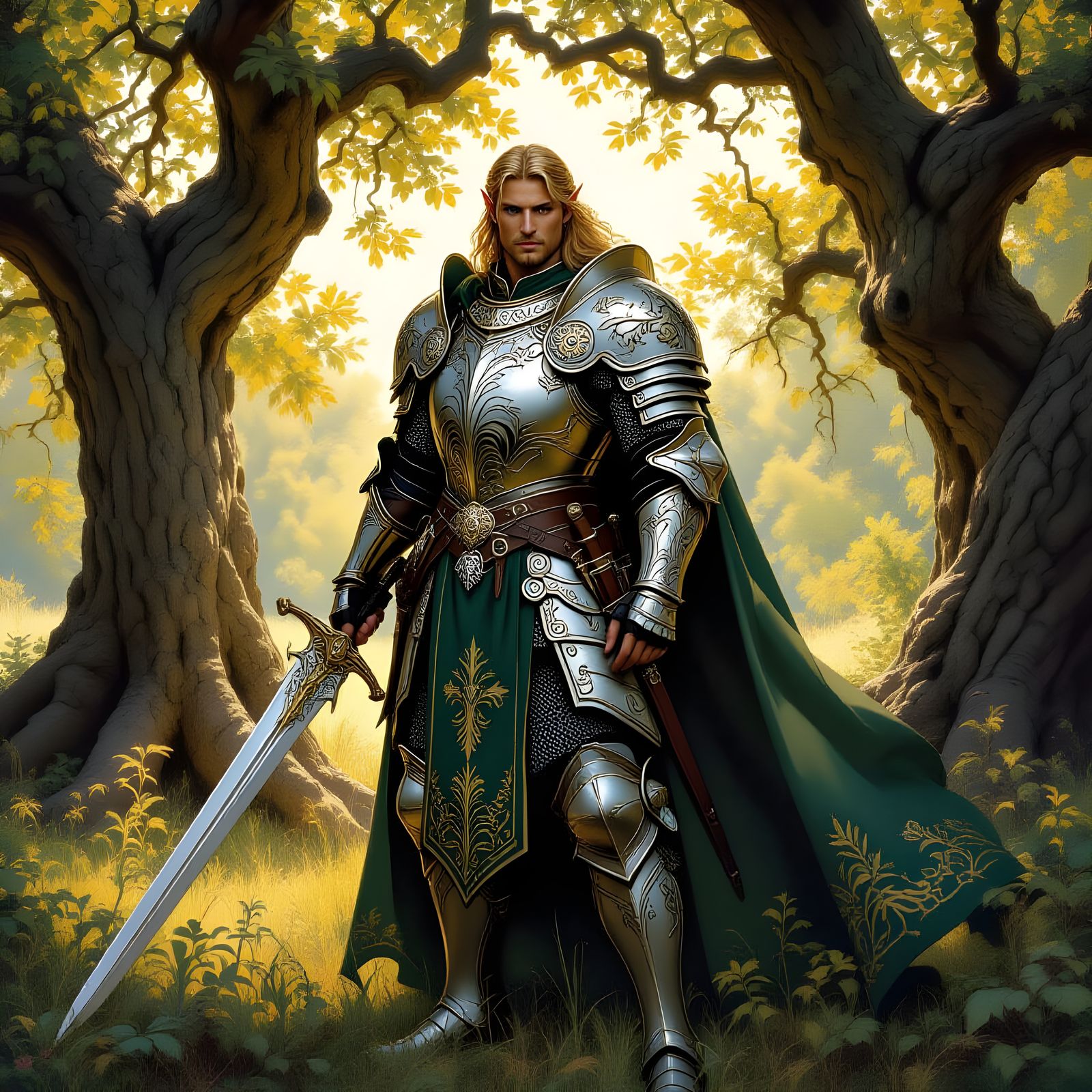 Elven Warrior in Ancient Grove: Oil Painting