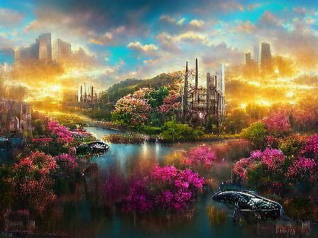 Flower Forest and Gothic Houses in Cyberpunk Style