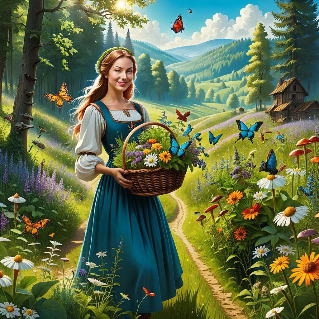 Medieval Farm Girl with Flowers and Butterflies
