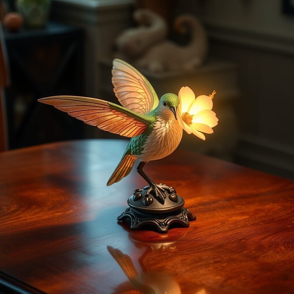 Hummingbird Lamp with Glowing Flower, Dreamlike Fantasy Art