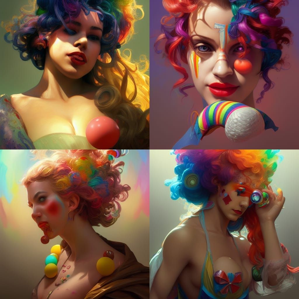 Surreal Portrait with Hen, Clown, Rainbow, and Woman