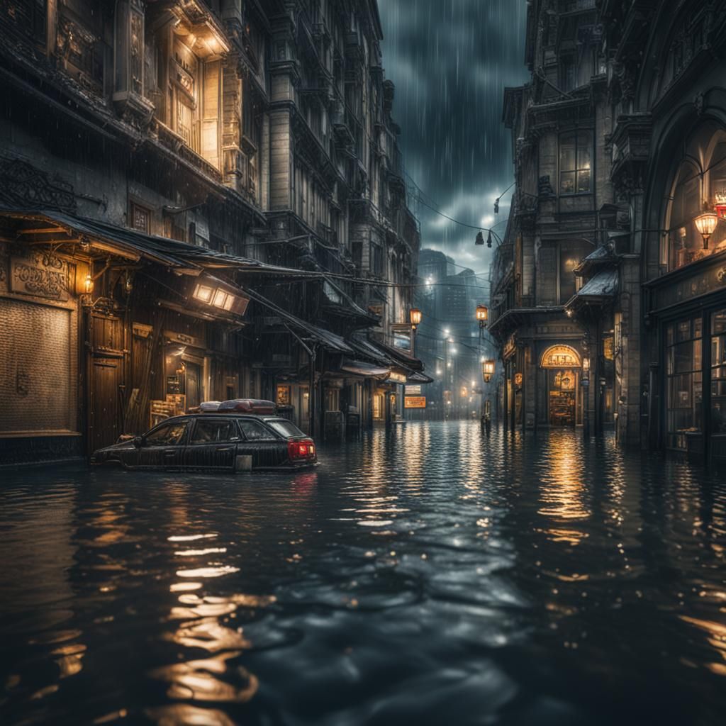 Hyperrealistic Flooded City in Atmospheric Lighting
