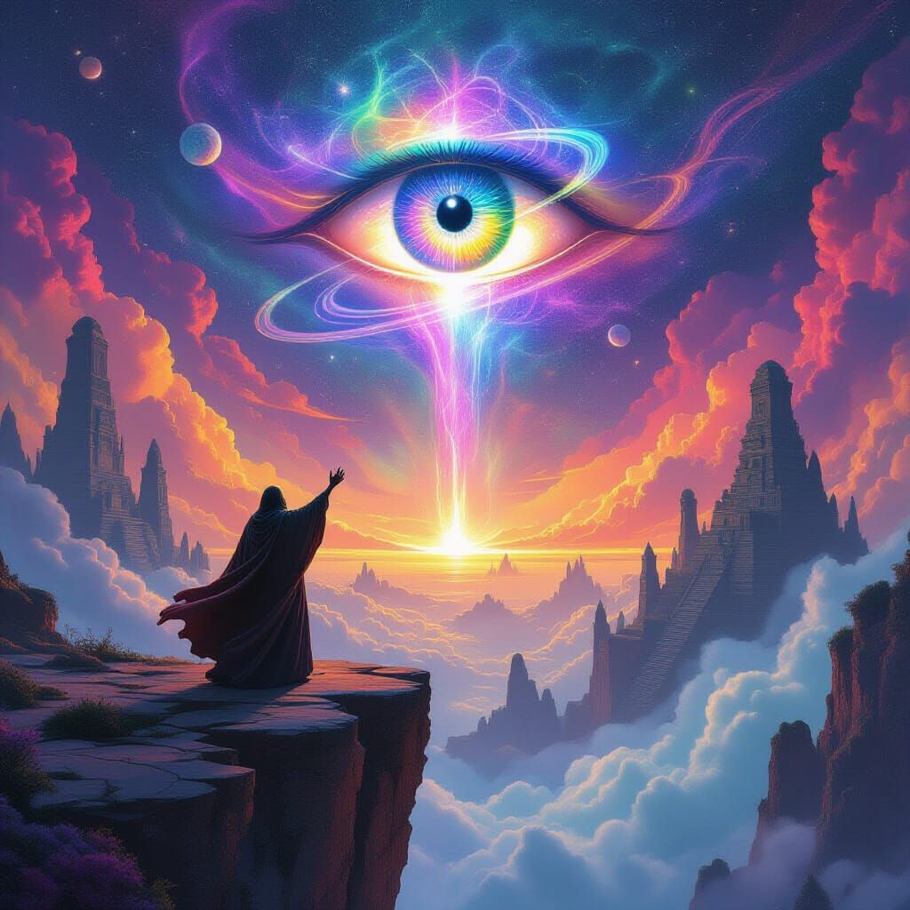 Psychedelic Island with All-Seeing Eye in Cosmic Void