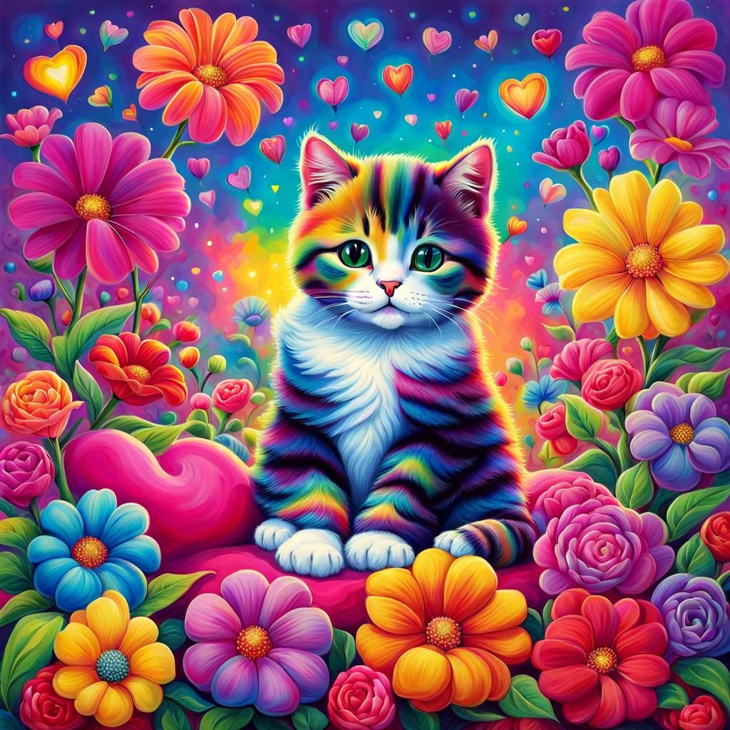 Cute Cat Surrounded by Flowers in Neon Colors