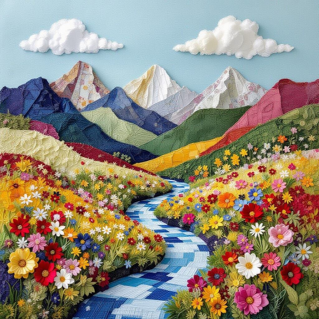 Surreal Fabric Landscape with Floral Meadows