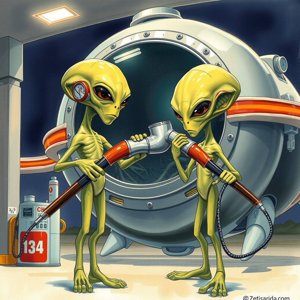 Aliens Squabble Over Spaceship Fueling: Detailed Illustratio...