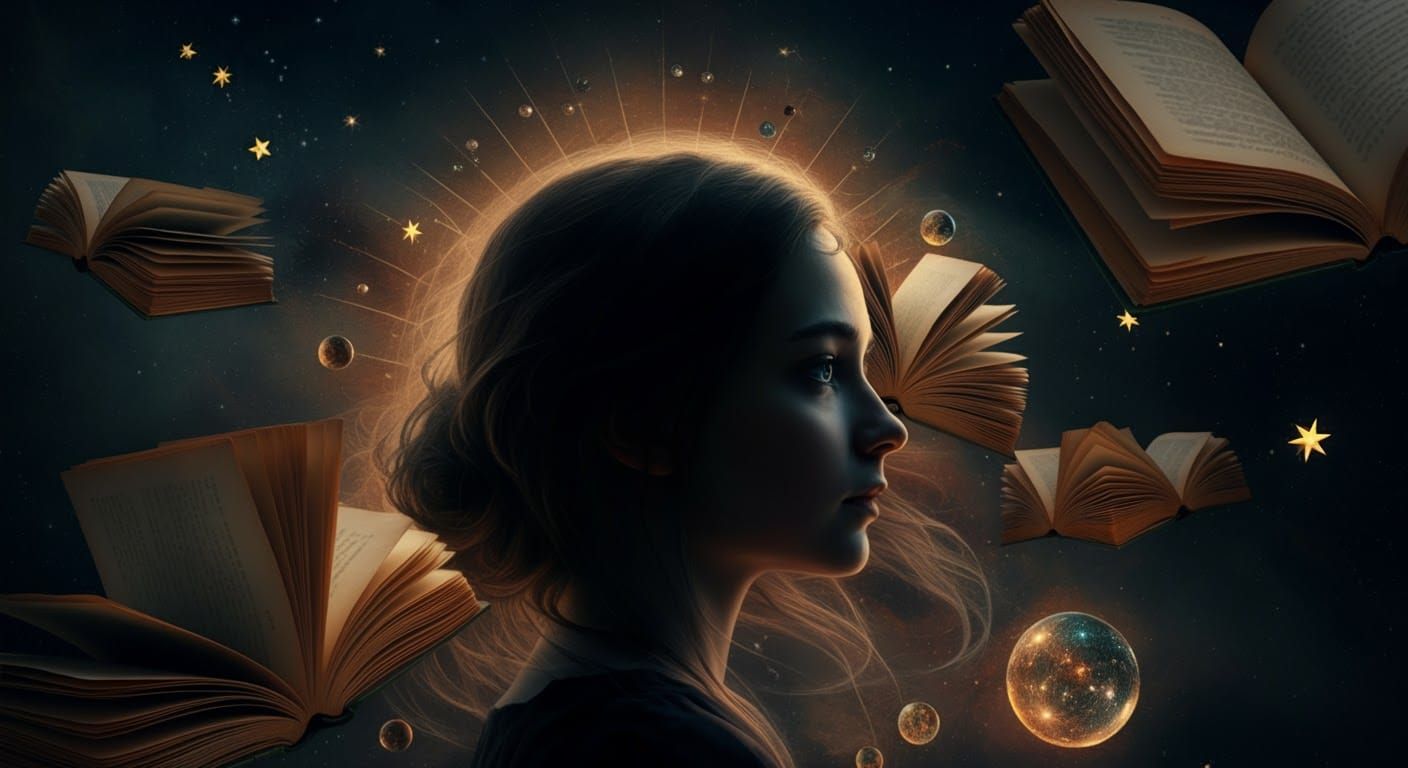 Mystical Woman Surrounded by Ancient Knowledge