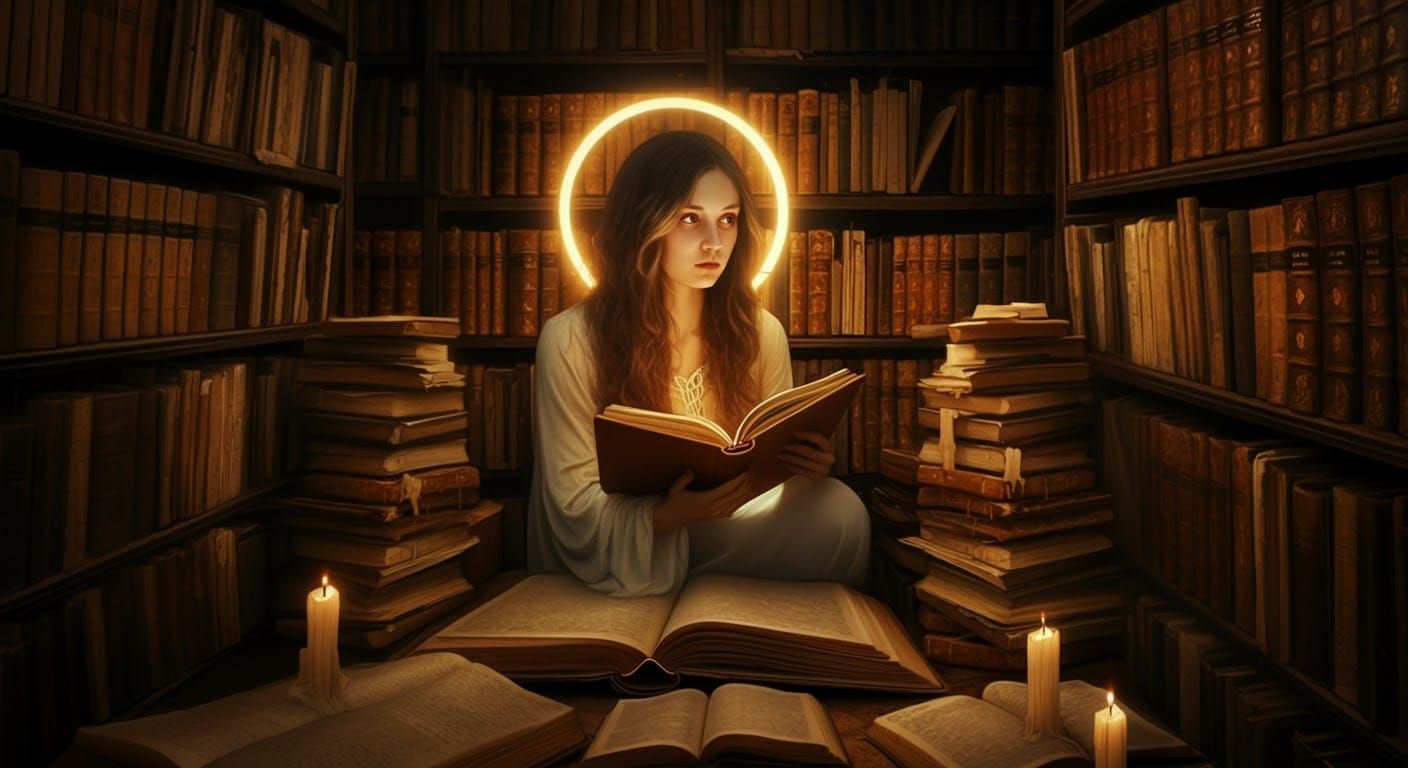 Ethereal Woman Seeks Knowledge in Mystical Library
