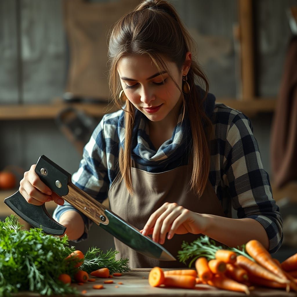 Hyperrealistic Woman Chops Carrots with an Axe