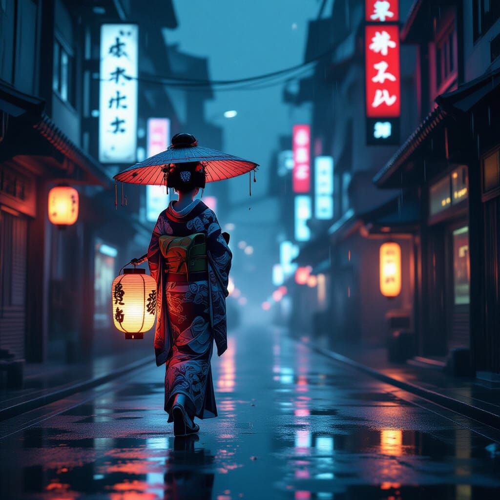 Cyborg Geisha with Lantern in Cyberpunk City