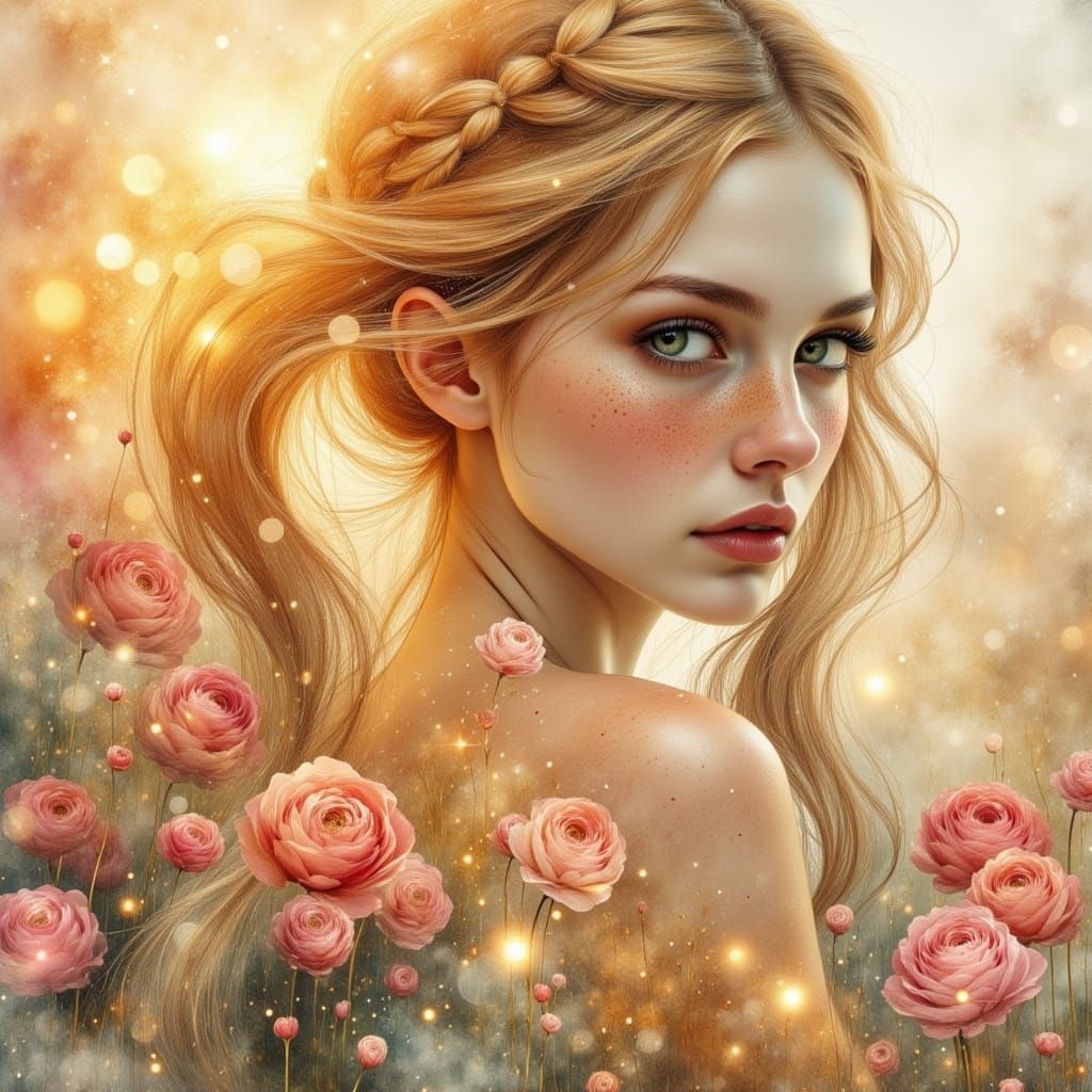 Pretty Woman with Freckles and Flowing Blonde Hair, Watercol...