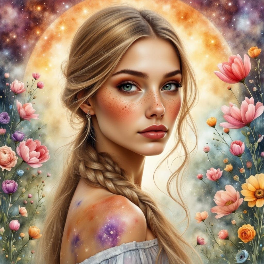 Realistic Sketch of a Woman with Freckles and Flowing Hair