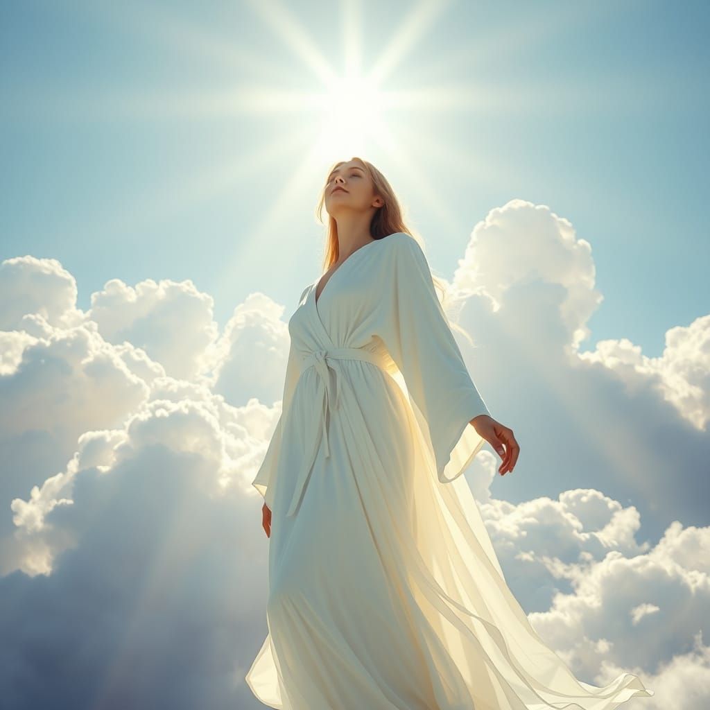 Woman in White Robes in Heavenly Sunshine