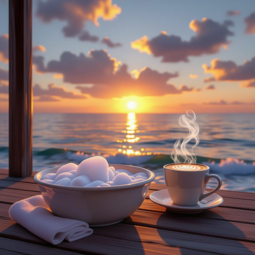 Sunset Bubble Bath with Latte: Realistic Ocean View