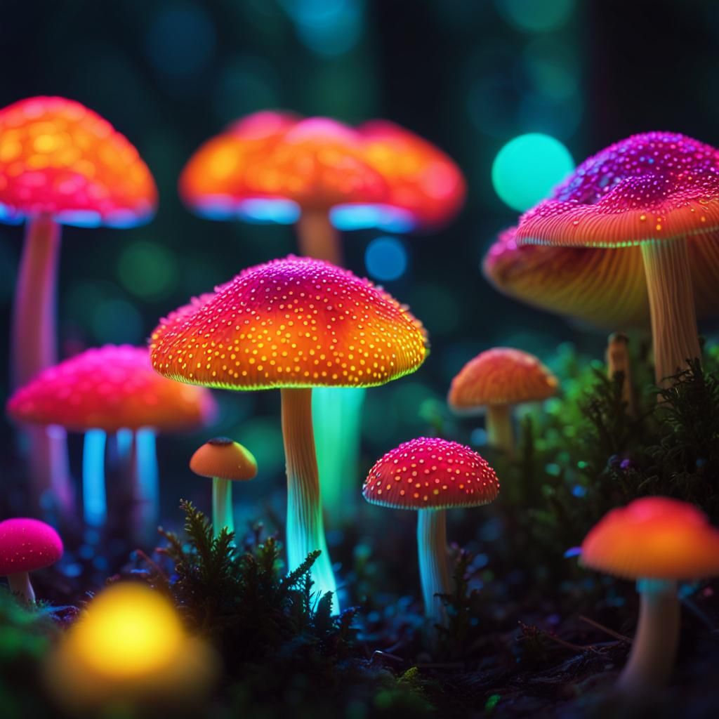 Miniature Neon Mushroom in a Night Forest