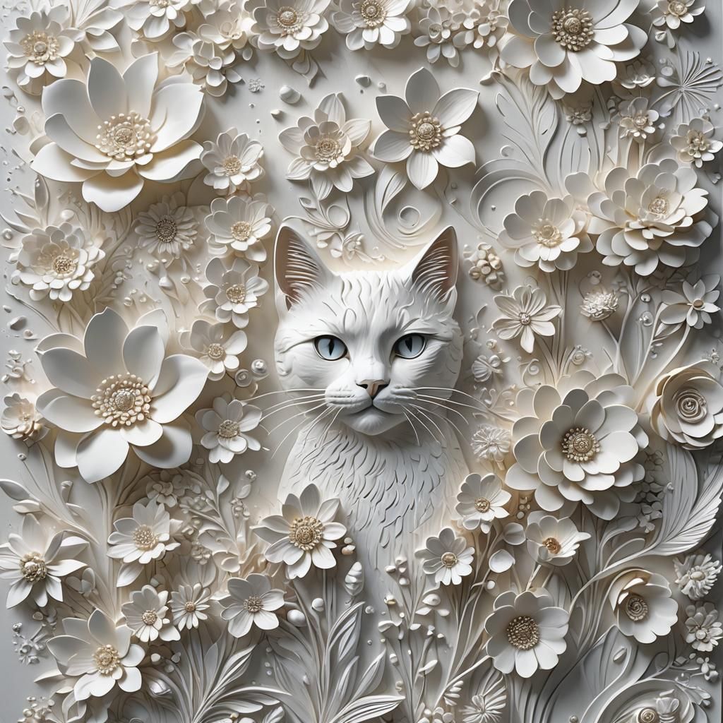 Abstract White Flowers, Sea, and Cat Painting