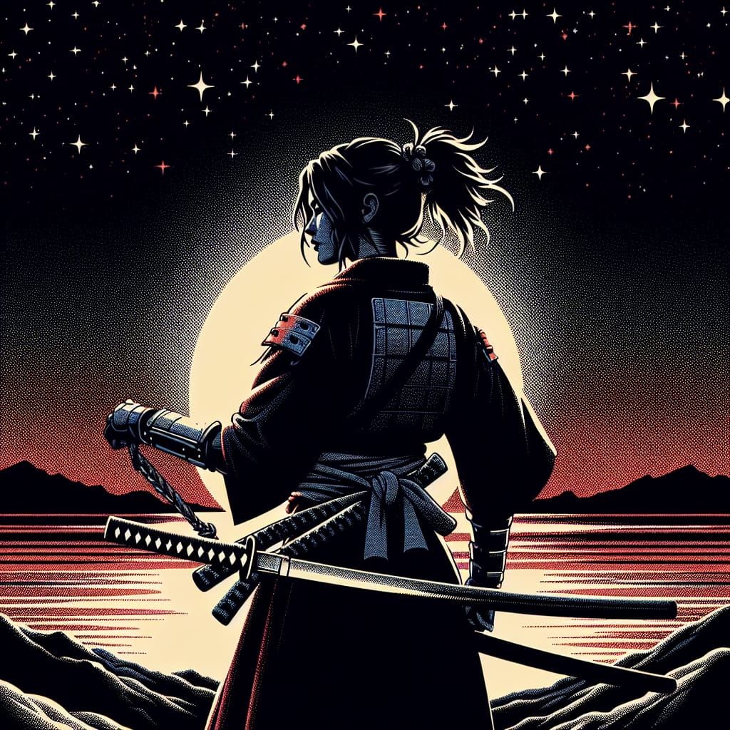 Female Samurai Under Starlit Sky in Screen Printing Style