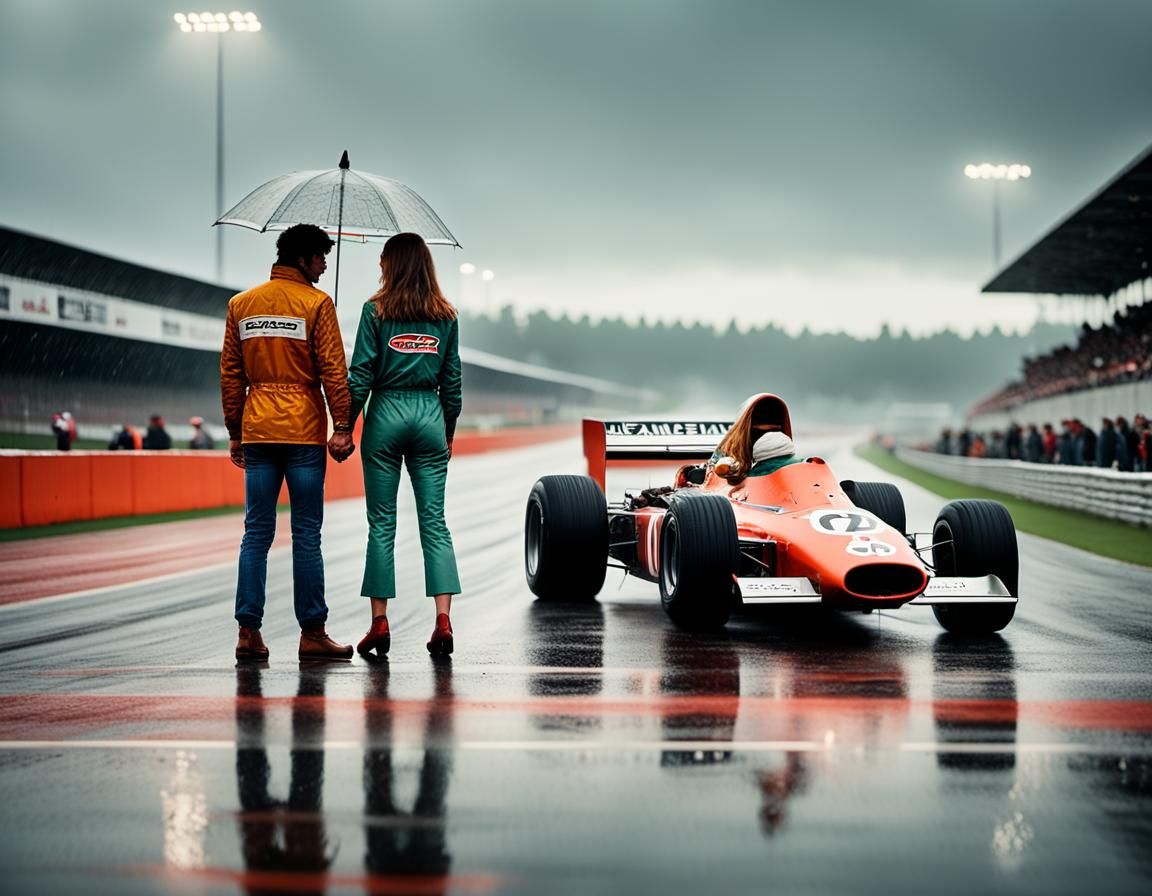Rainy 1970s Formula 1 Race: Candid Motorsport Photo