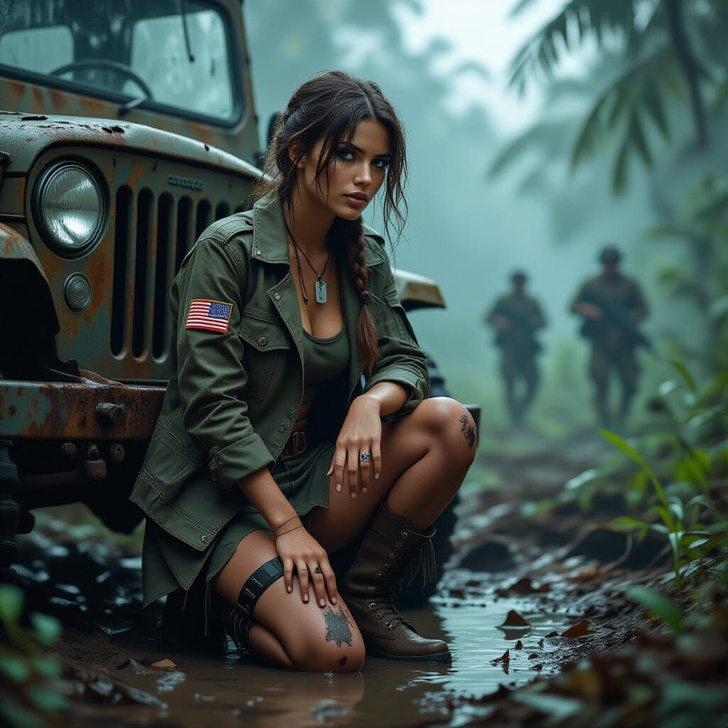 Woman Beside Jeep in Jungle, Hyper-Realistic Style