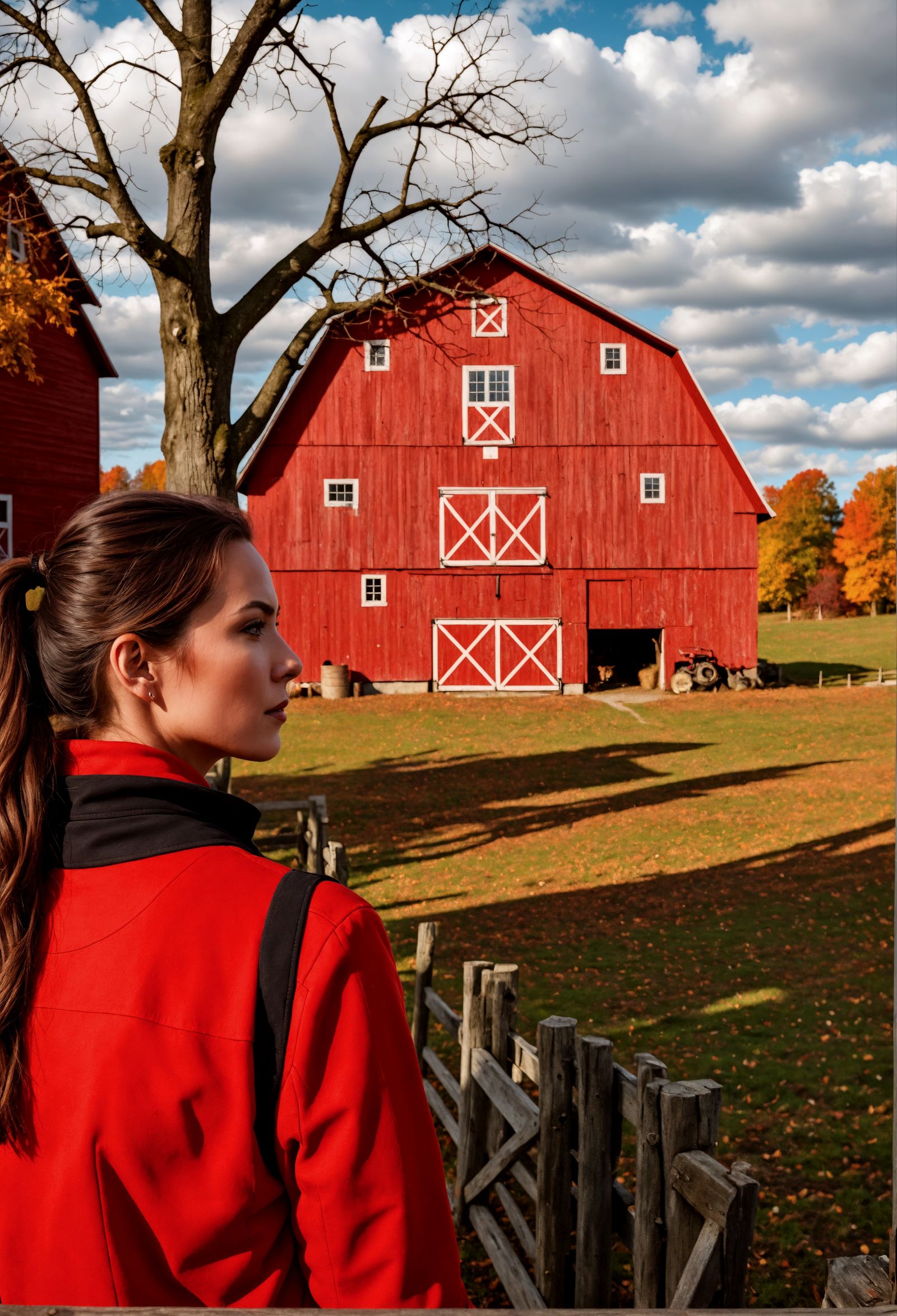 Autumn Farm Scene with Red Barn in HDR