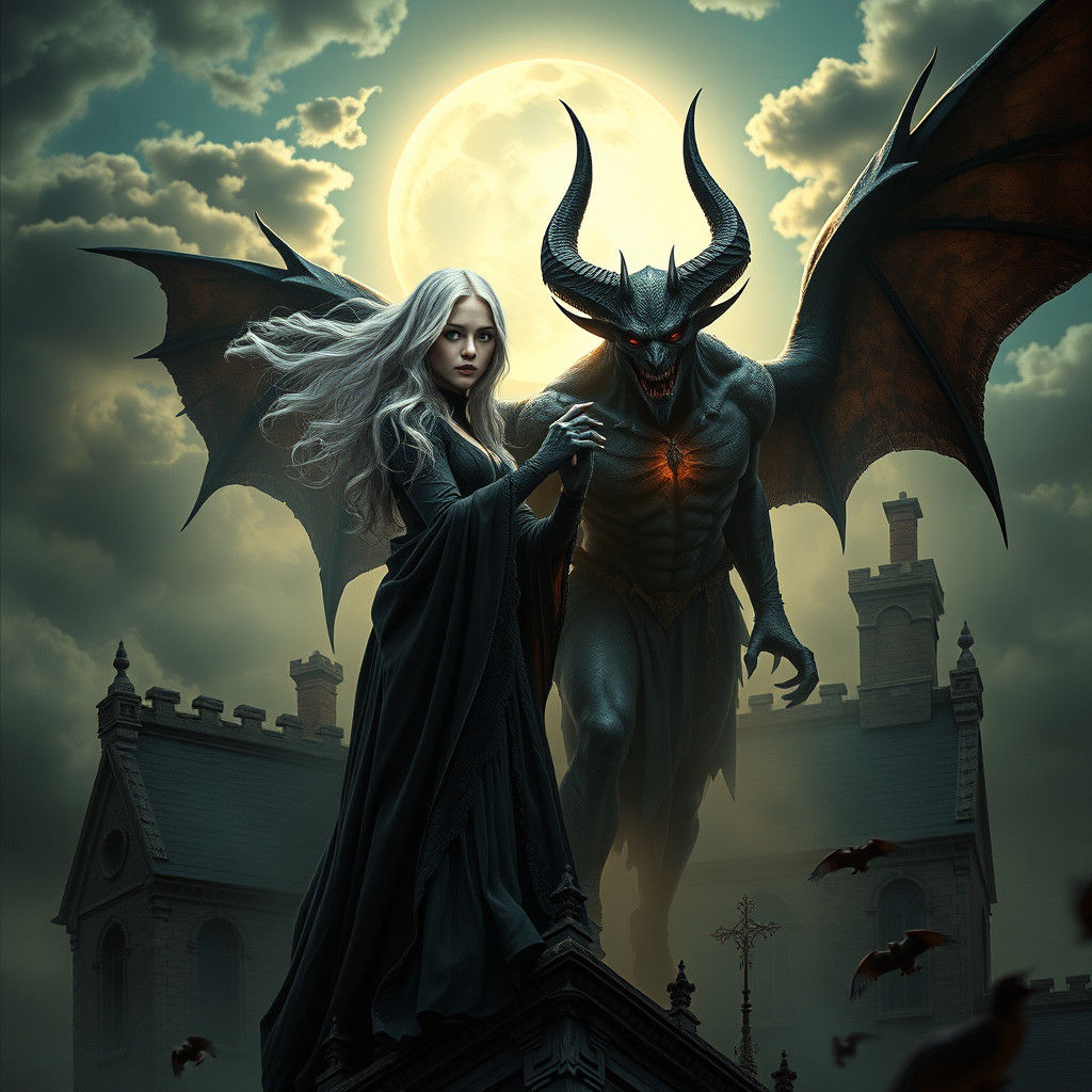 Girl and Demon King on Gothic Rooftop in Dark Fantasy
