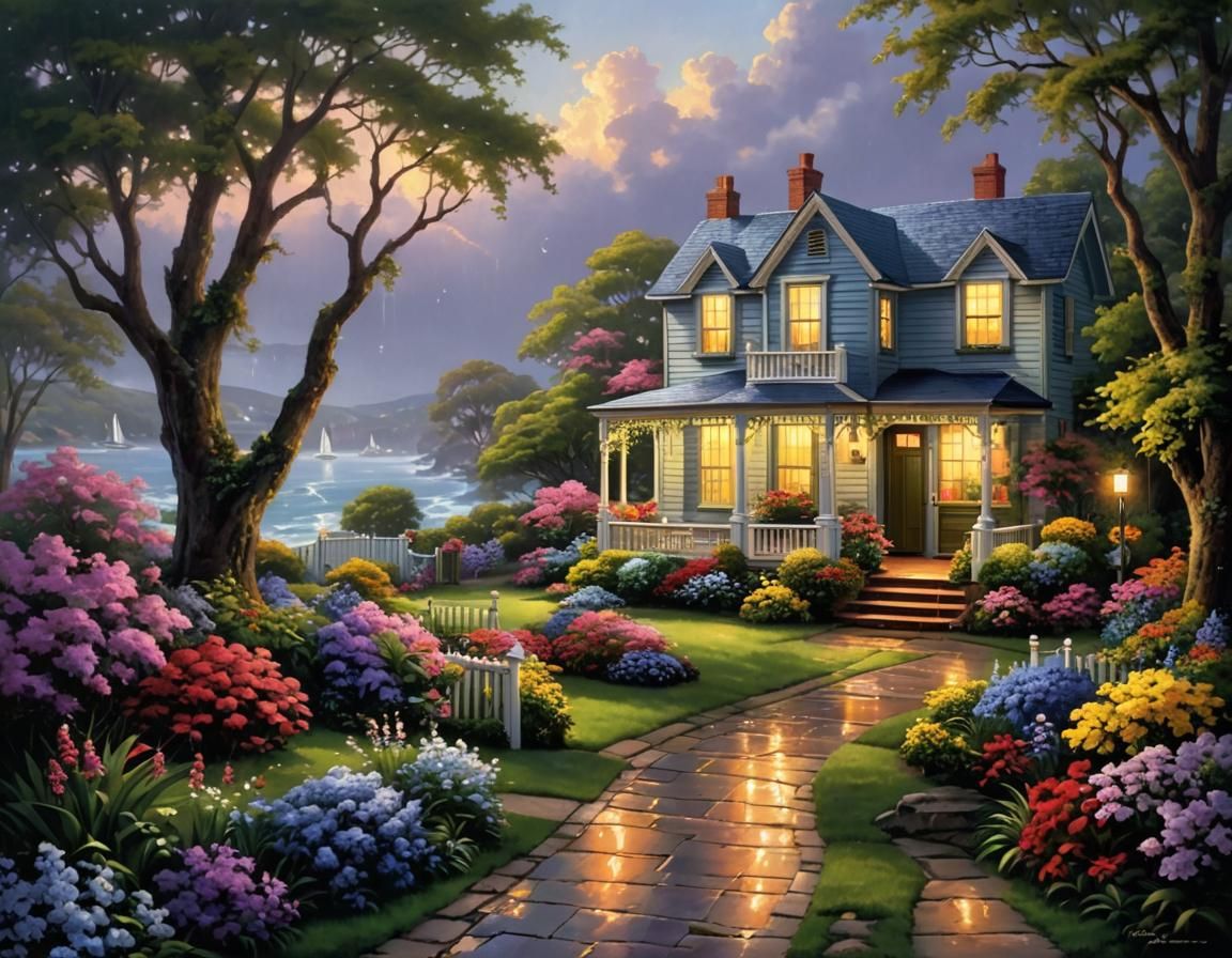 Serene Seaside Garden with Lighthouse in Vivid Colors