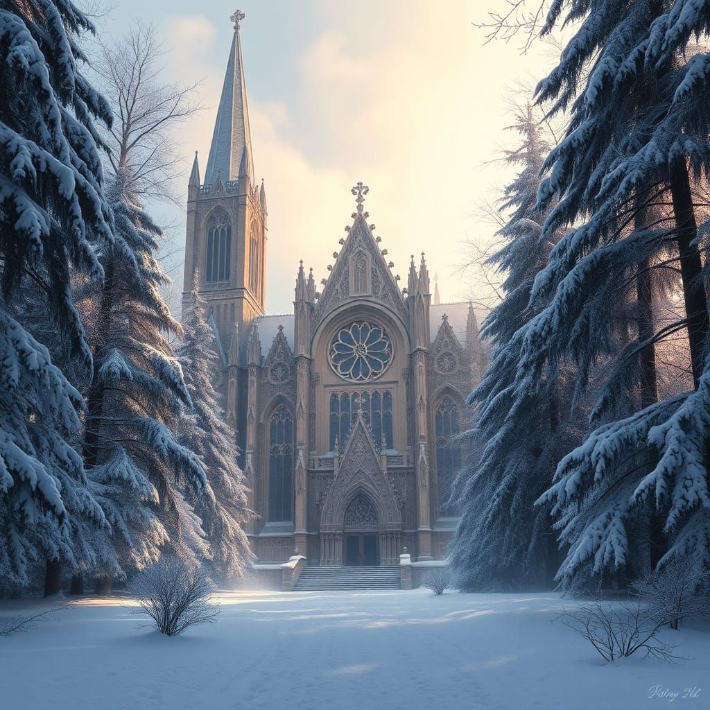 Majestic Cathedral Facade in Winter Forest