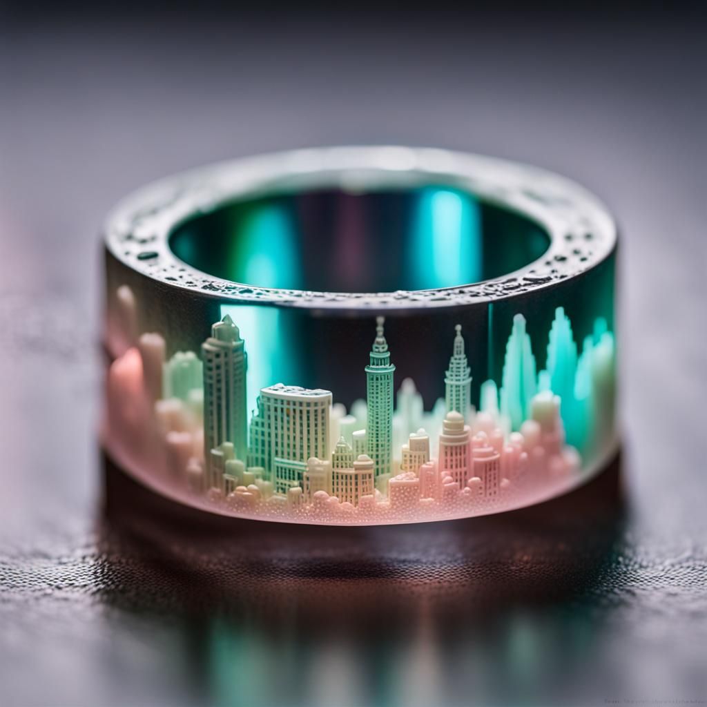 Bioluminescent Cityscape Inside Ornate Resin Ring