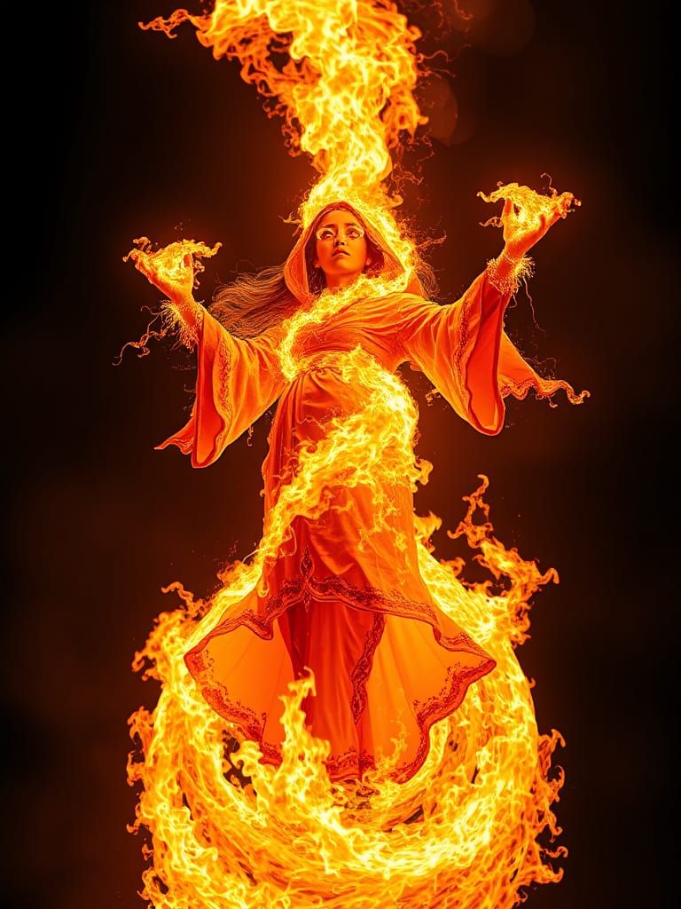 photo realistic image of fire in a shape of a girl floating on whirl fire, fire eyes and lightning, wearing fire robe, f...