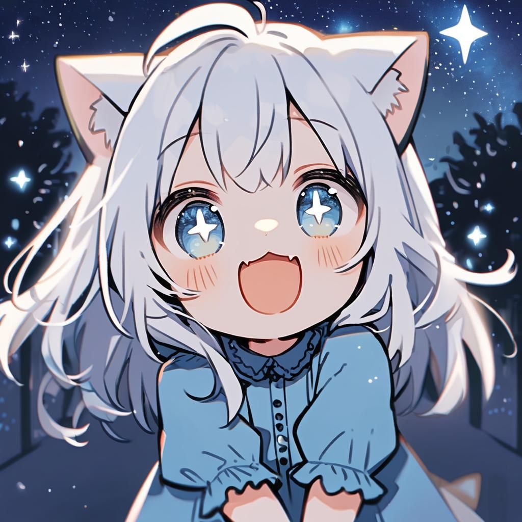 Adorable Catgirl with Blue Eyes Under Starry Sky