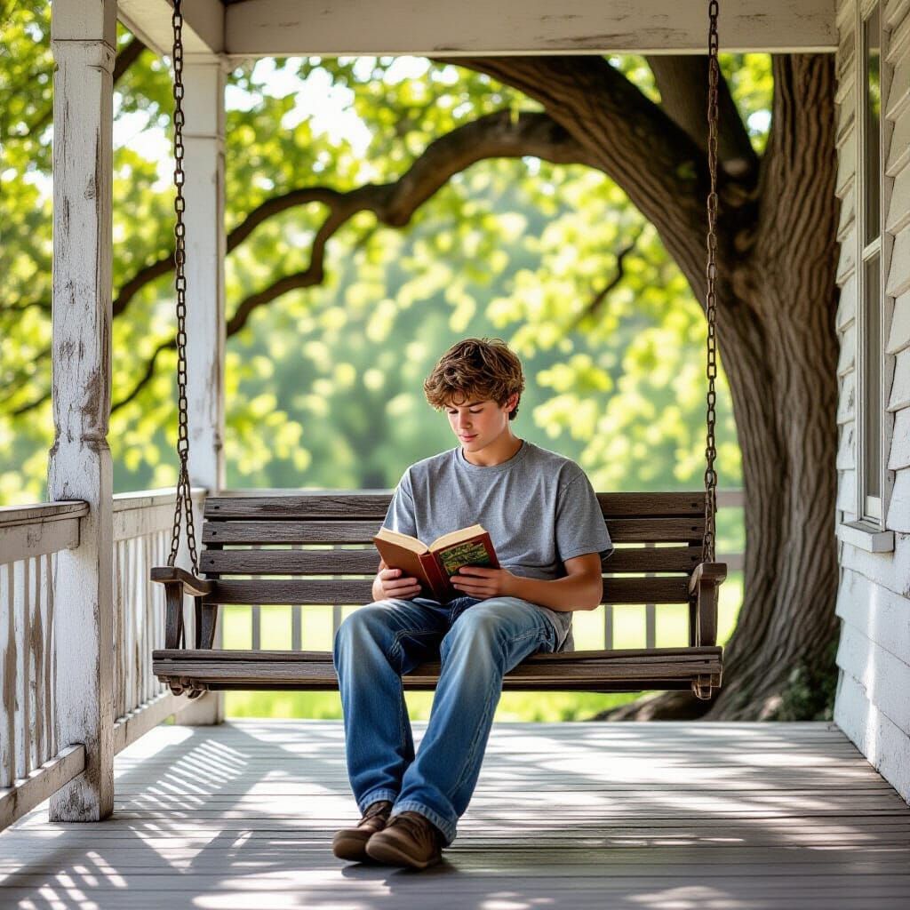 Boy Reading on Porch Swing in Photorealistic Style