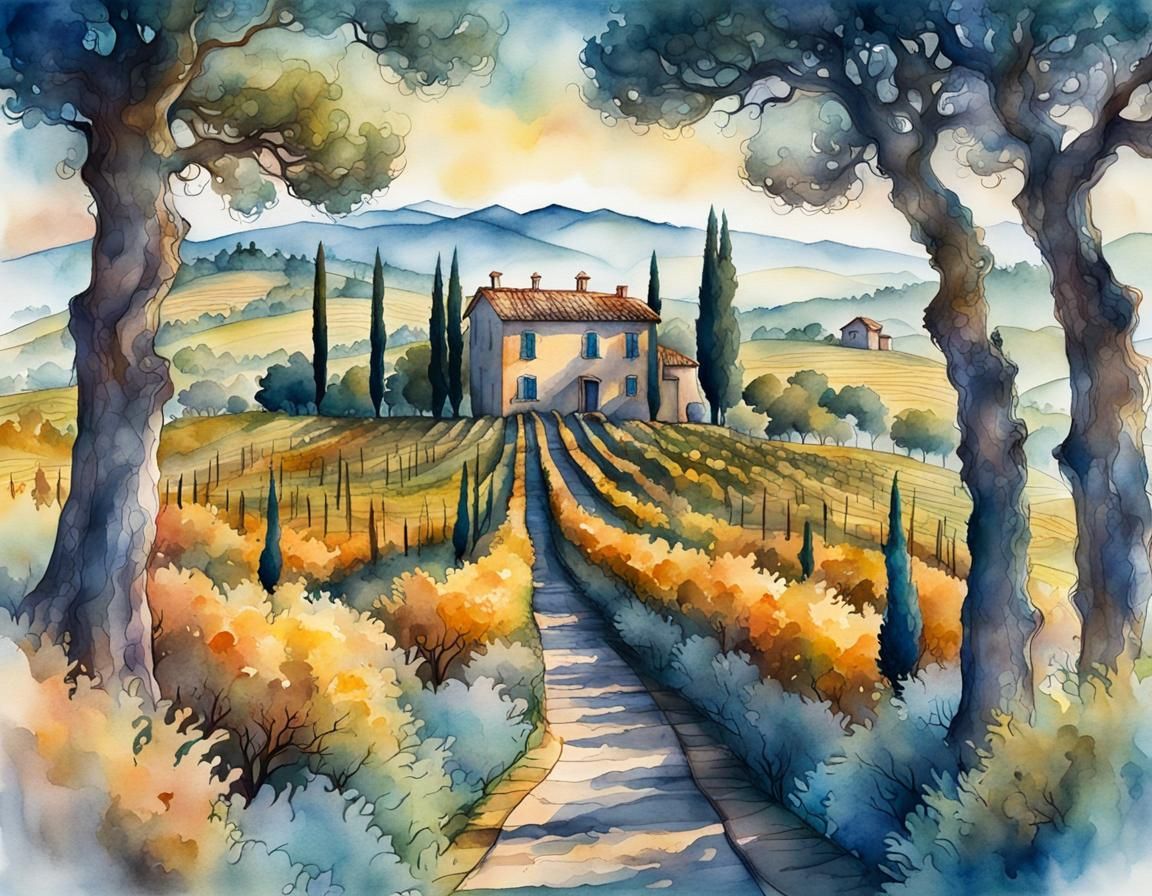 French Vineyard Landscape in Double Exposure Watercolor